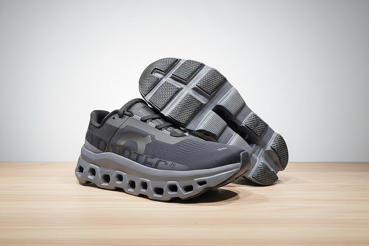 Gray athletic shoes with unique sole design on a light gray surface with black background