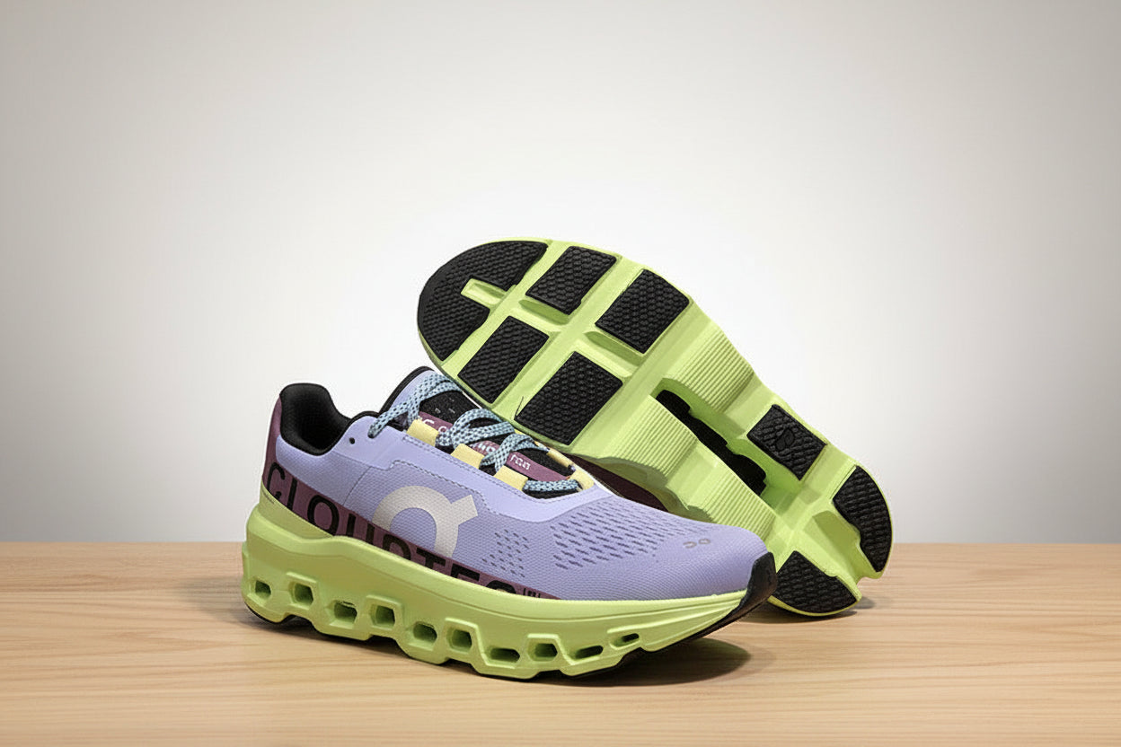 Purple and green running shoes on a white surface with a black background