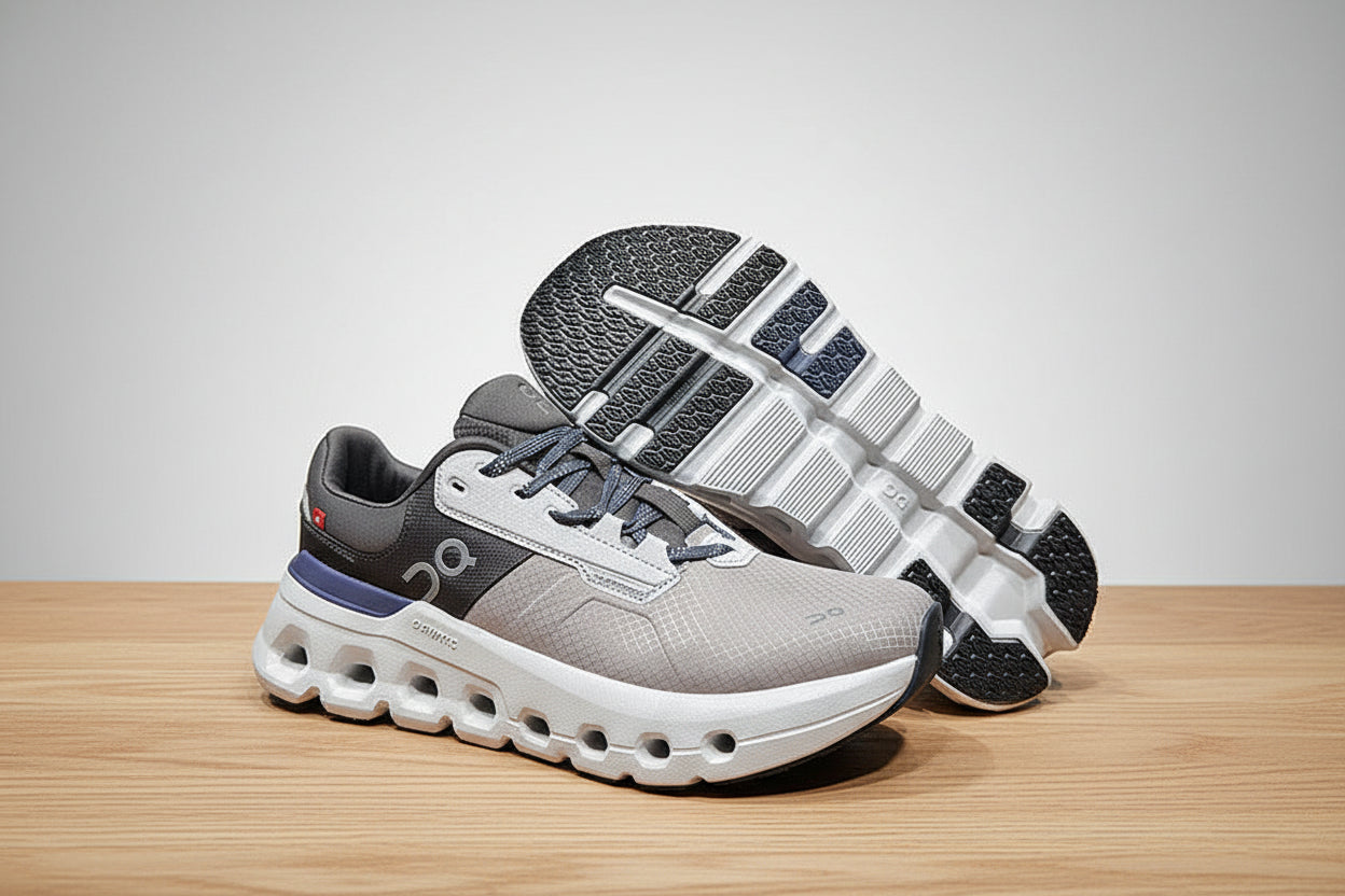 Gray and white athletic shoes on a light gray surface with a black background