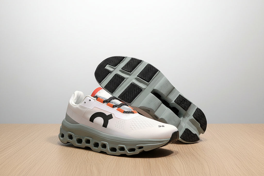 White and gray athletic shoe with orange accents on a black background