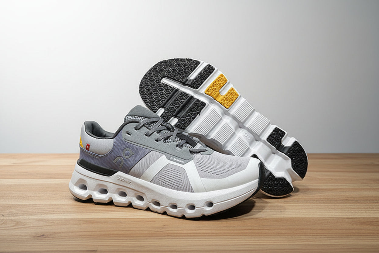 Pair of gray and white athletic shoes on a light gray surface with a black background