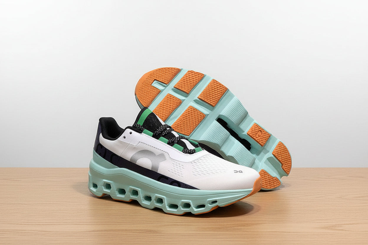 Pair of sneakers with a white, green, and orange sole on a black background