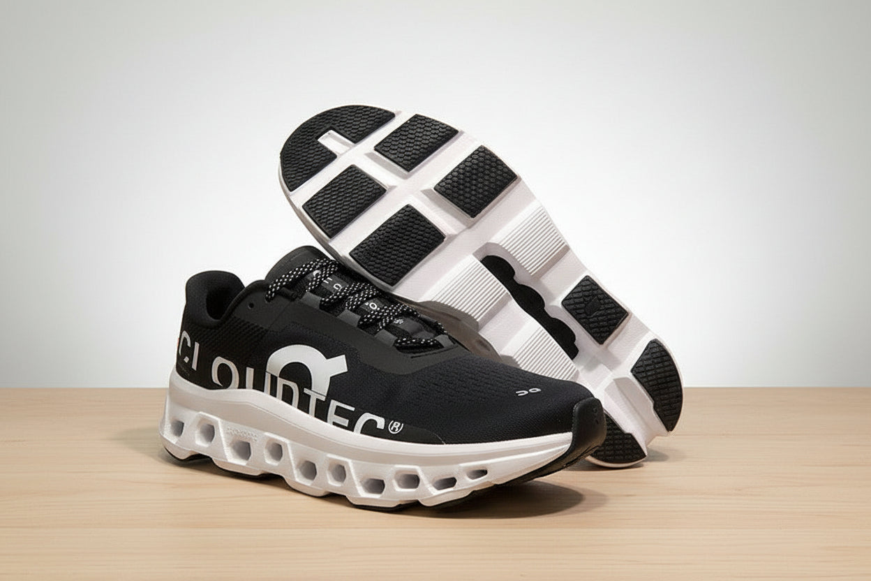 Black and white running shoes on a white platform with a black background