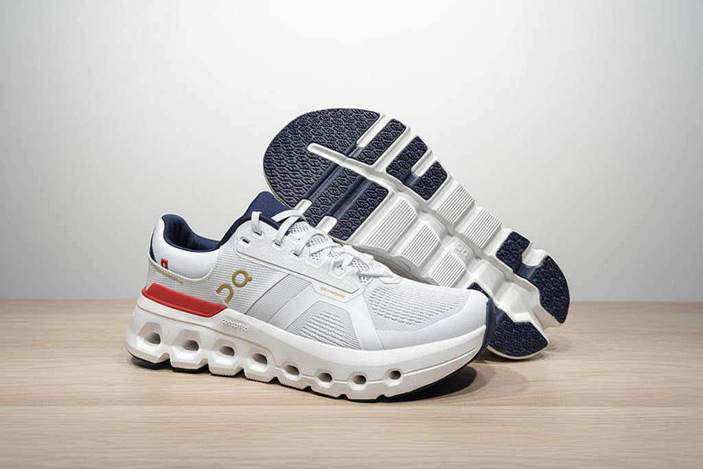 White athletic shoes with blue and red accents on a gray surface