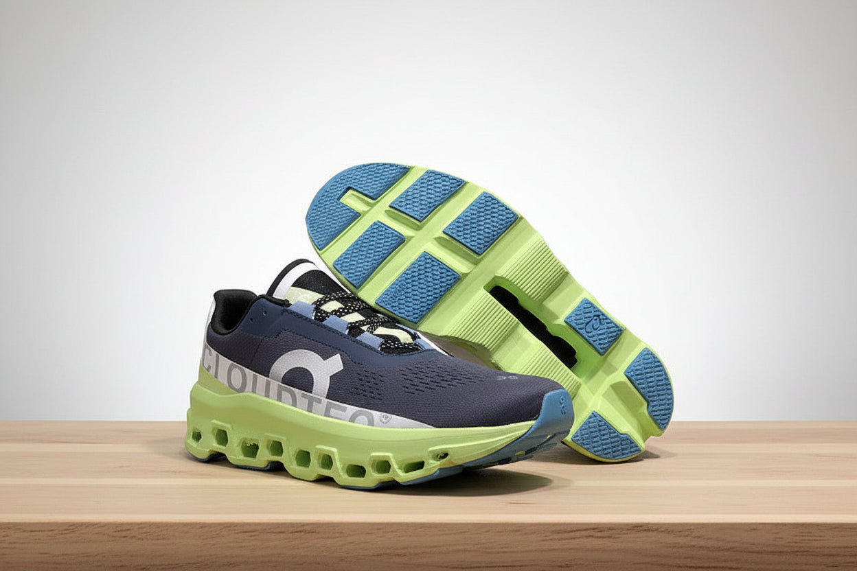 Navy and green running shoe with a black sole on a white surface.