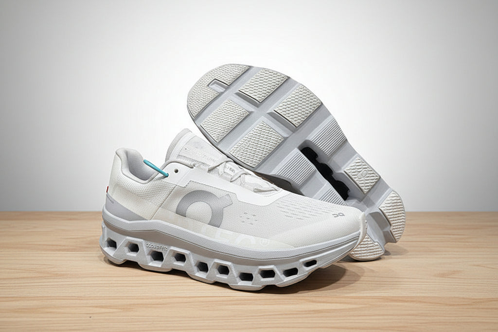 White and gray athletic shoes on a wooden surface with a light gray background