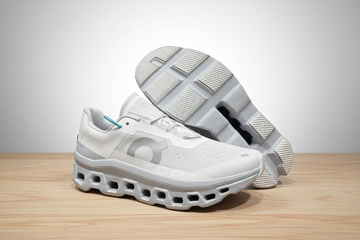 White and gray athletic shoes on a wooden surface with a light gray background