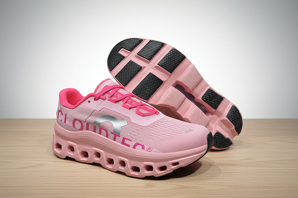 Pink running shoes with black soles on a light gray surface