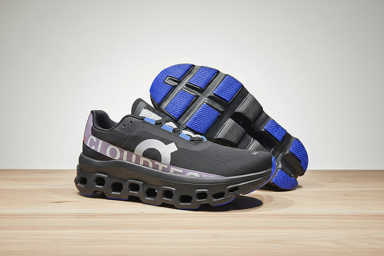 Gray and blue athletic shoes on a white platform with black background