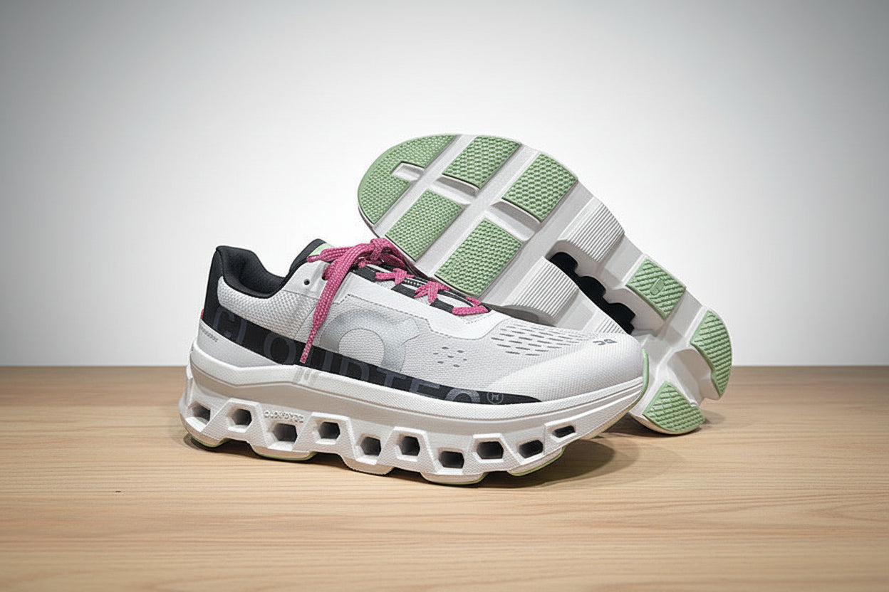 White running shoes with green soles on a light gray surface