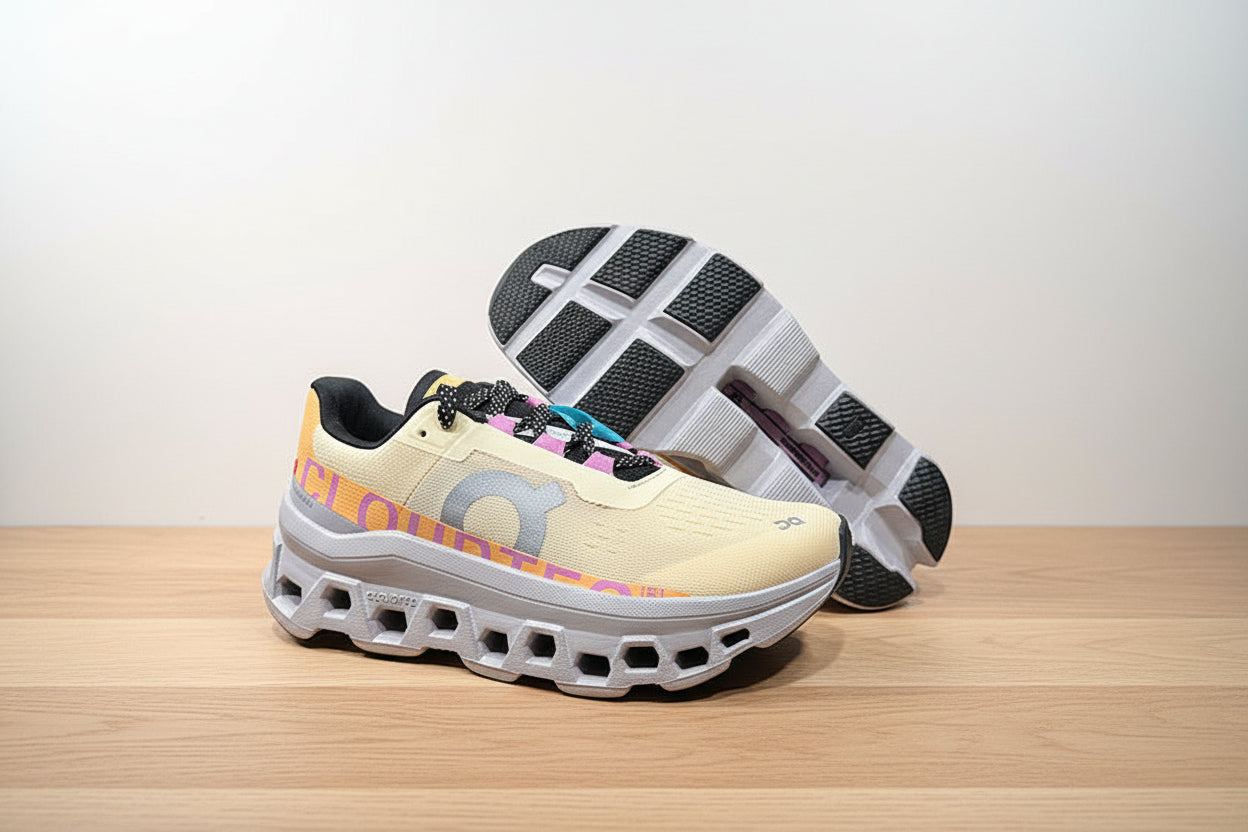 Light-colored running shoe with colorful accents on a gray background