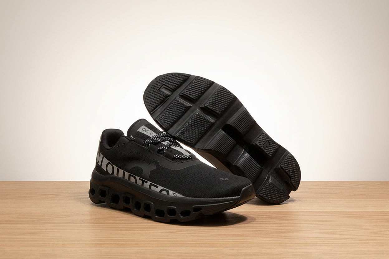 Black athletic shoes on a white platform with a black background