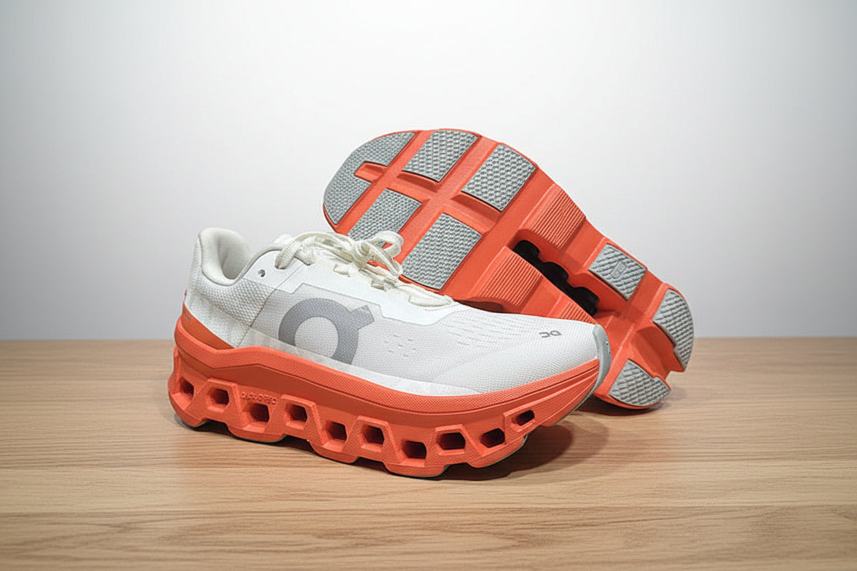 White and orange running shoes on a light gray surface with a black background