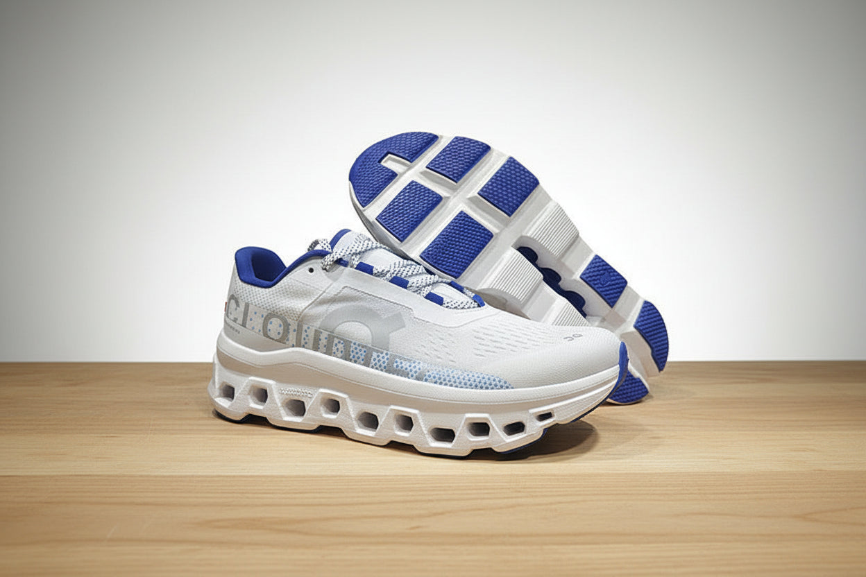 White and blue sneakers on a black and white background