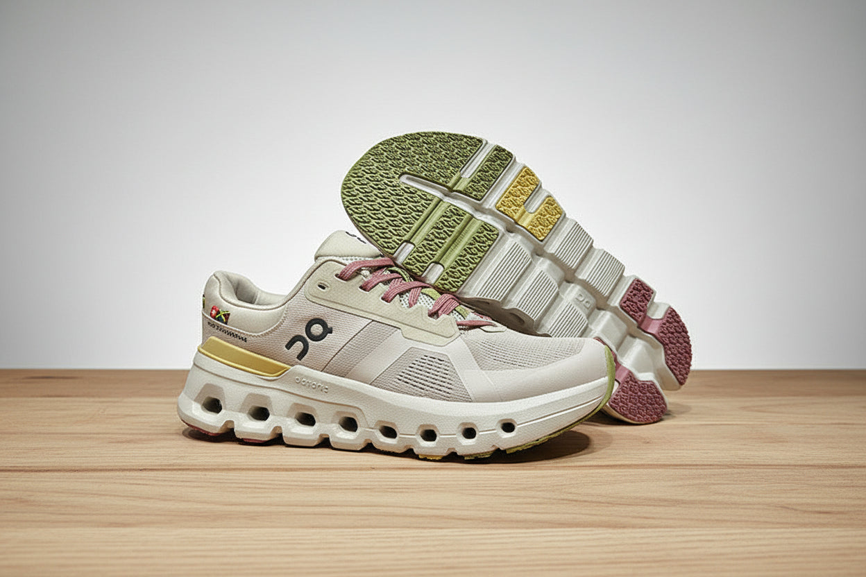 White and green sneakers on a white surface with a black background