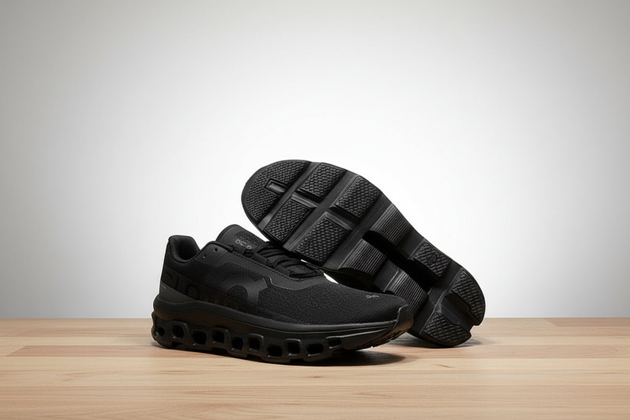 Black athletic shoes on a white surface with a black background